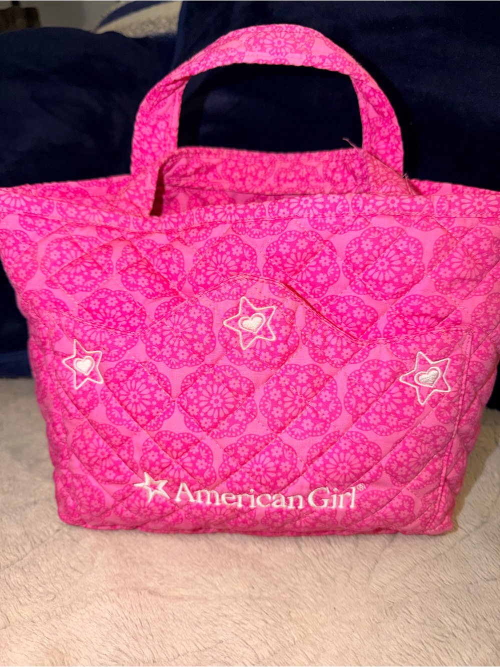 American Girl Pink Quilted Small Carryall Tote Bag / Diaper Bag EUC 12”x8”x4”